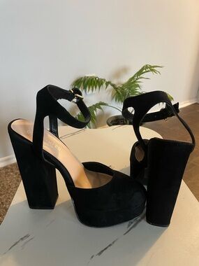 Revamped Black Suede Platform Block Heel Sandals - Women